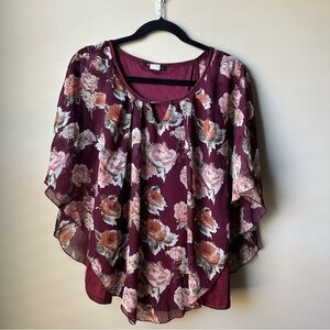 Norma Allen burgundy floral print chiffon batwing blouse Size 2X Top